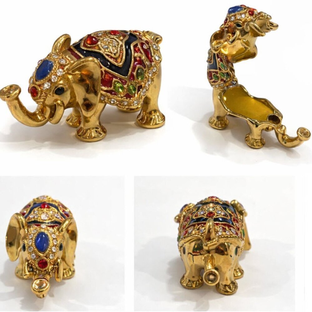 Gold Elephant Figurine Jeweled Trinket Box Colourful Mini Decor Gift